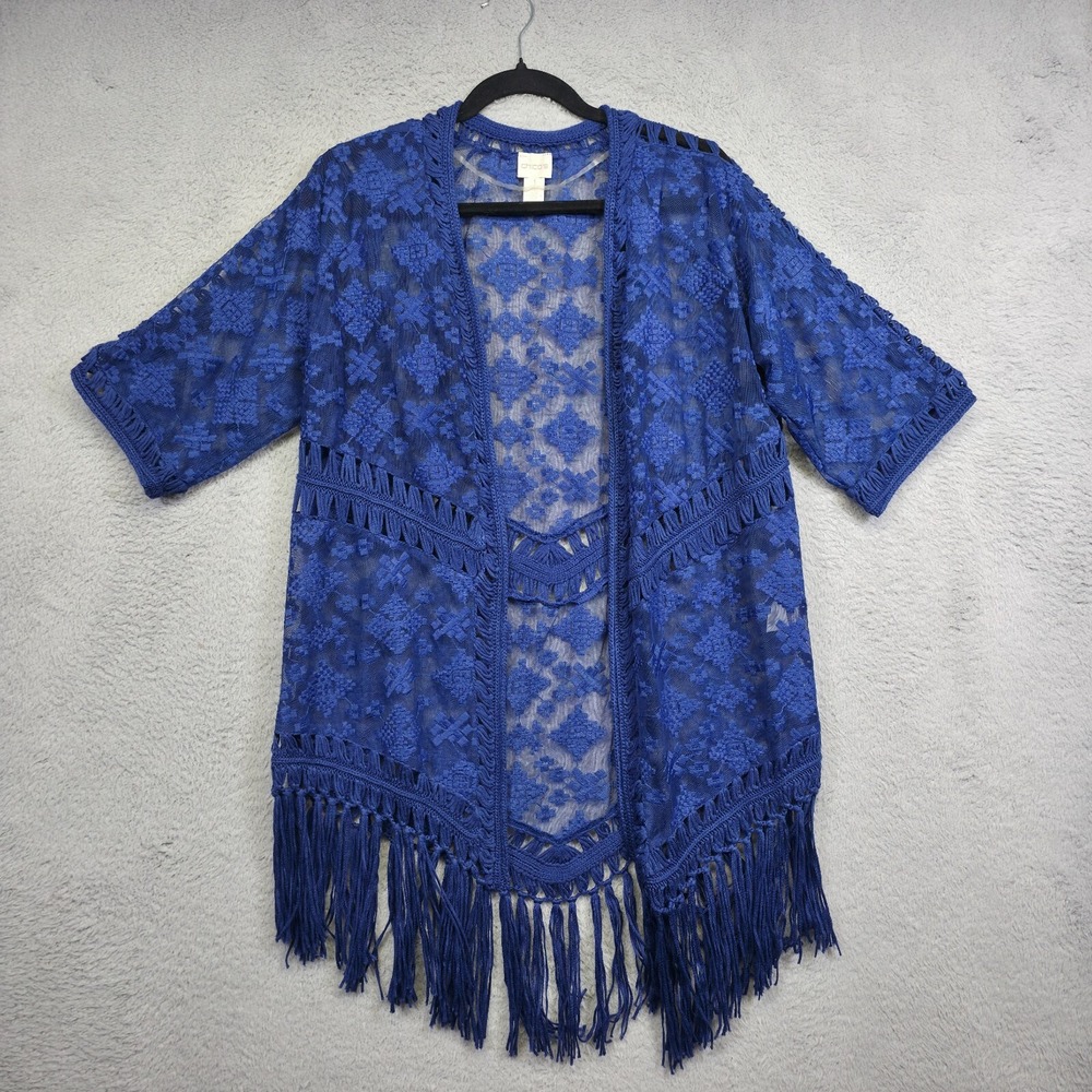 Chicos Cardigan Womens 1 M/8 Blue Short Sleeve Open Front Mesh Embroider Fringe‎